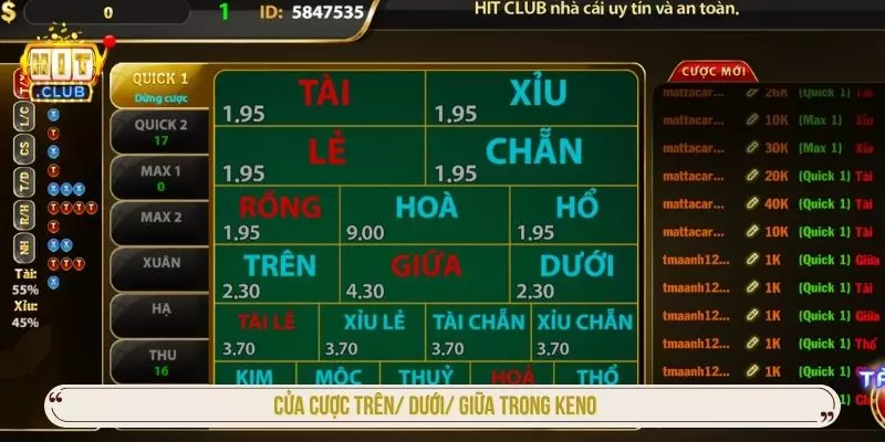 Cược trên dưới giữa trong keno hitclub dễ trúng