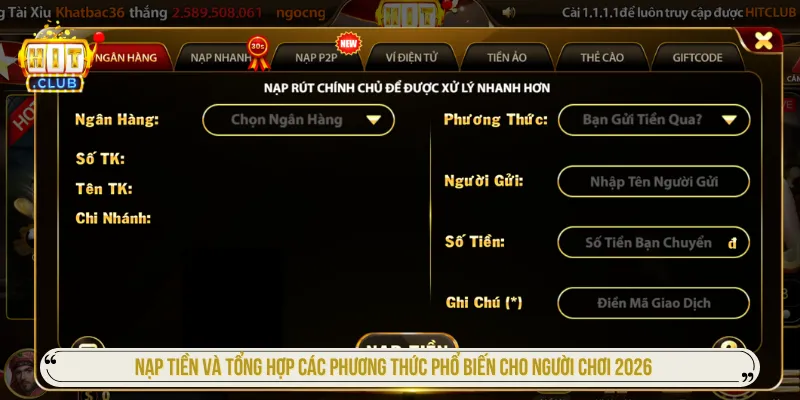 Giao diện nạp tiền qua phương thức chuyển khoản ngân hàng